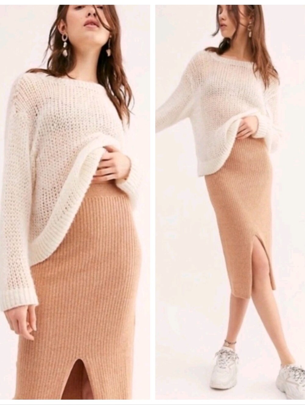 Free People Skyline Midi Ribbed Skirt Caramel Heather Women's XS Retro 90's Y2K